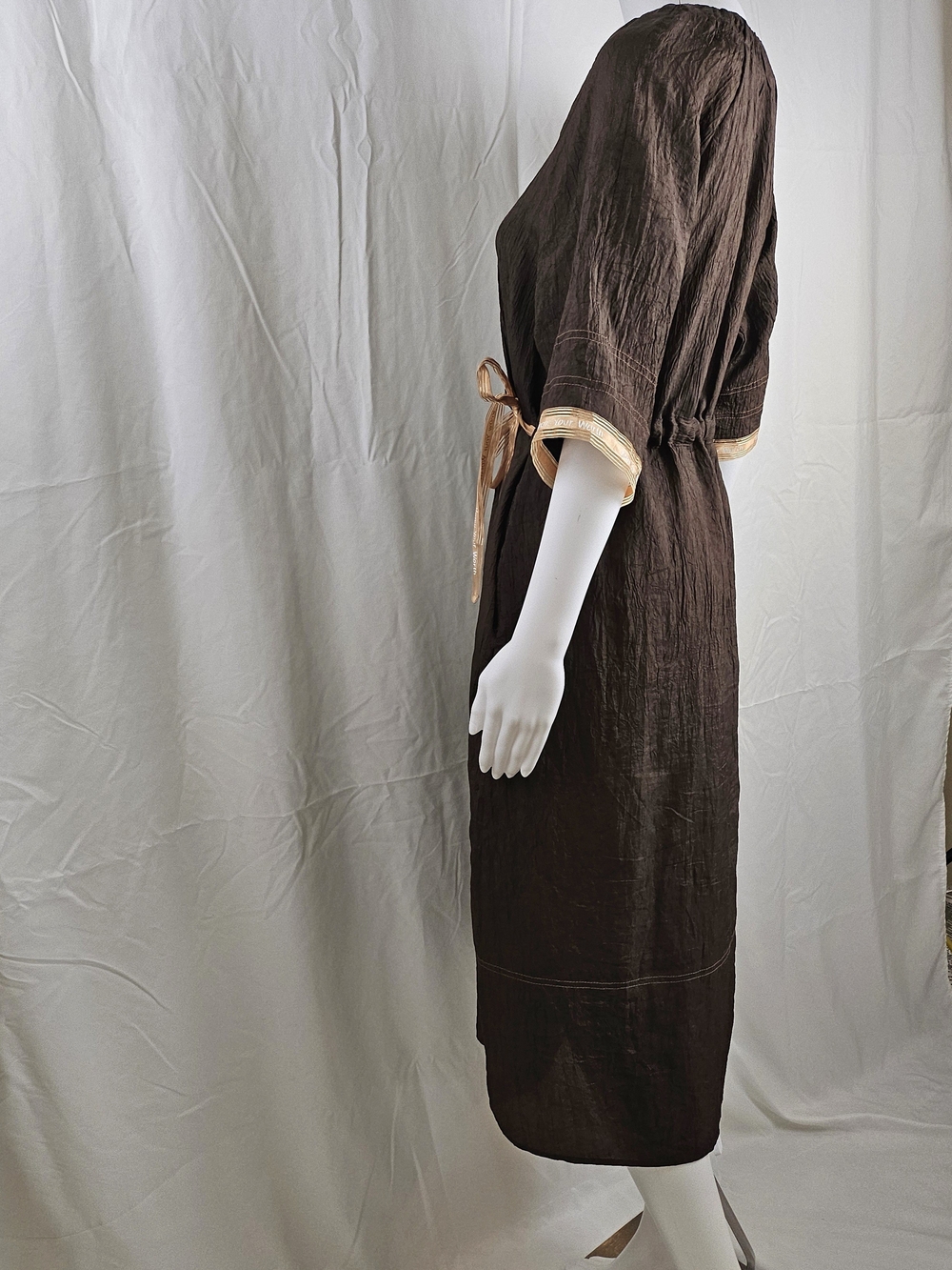 Korean Brand Brown Crinkled Peasant Waist Dress